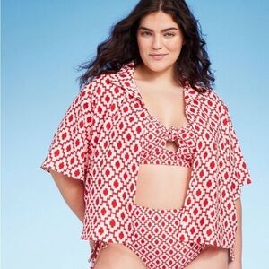 Cropped Button-Up Short Sleeve Cover Up Top - Shade & Shore™ Red Geo
Print 1X